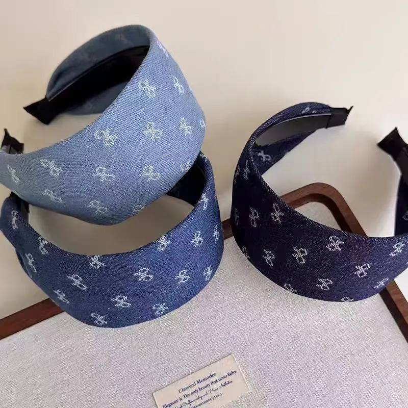 Diadema de Tela Ancha con Estampado de Lazo de Mezcla Dulce para Mujer Accesorios para el Cabello de Moda Bordados Florales Azules