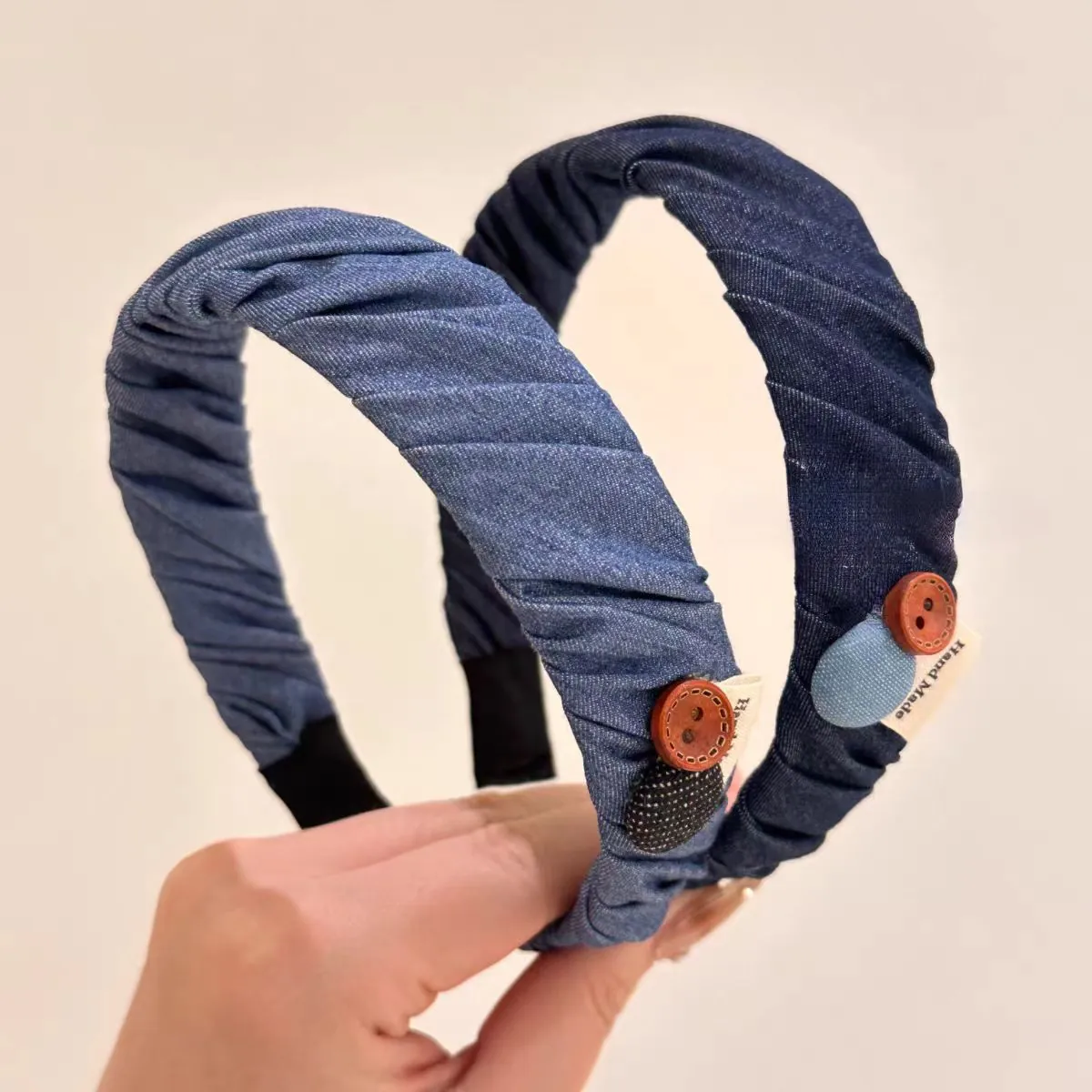 Fashion Denim Fabric Pleated Headband For Women Girls Wide Brim Hair Hoop With Button Decor Hand Made Daily Hair Accessories