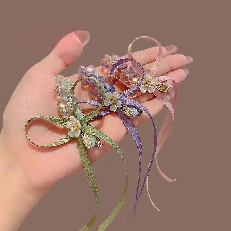 Süße Satinband Schleife Haarspange Mit Kristallperlen Und Weißer Blume Entenschnabelklemme Feenstil Handgefertigter Damen Haarschmuck