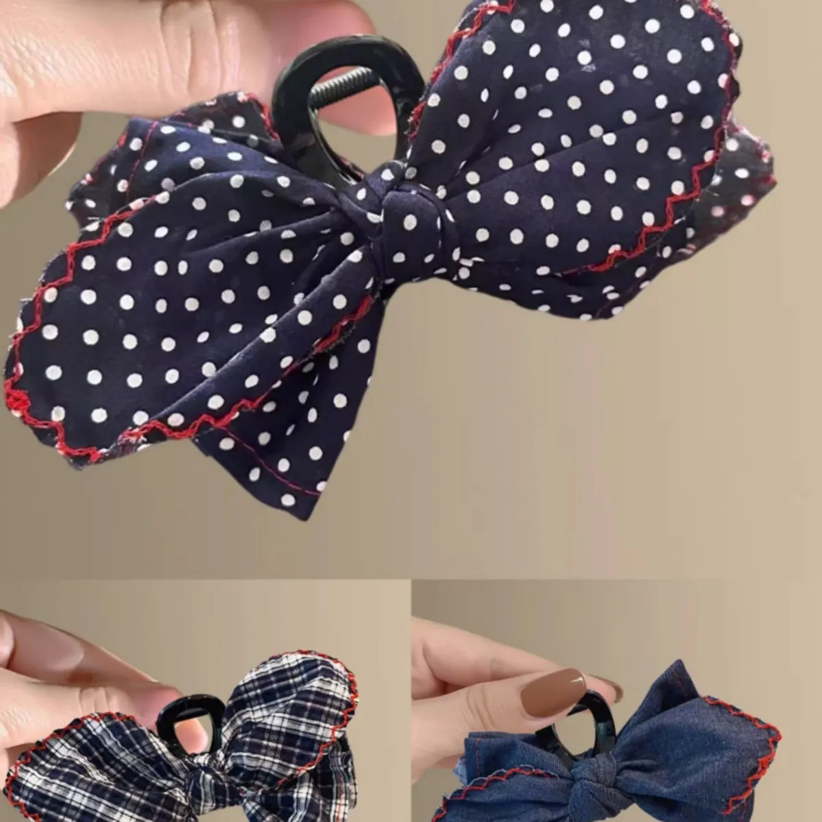 Korean Denim Fabric Bow Hair Claw Clip With Red Scalloped Edge Plaid Polka Dot Sweet Triangle Shark Clip For Women Hair Accessories