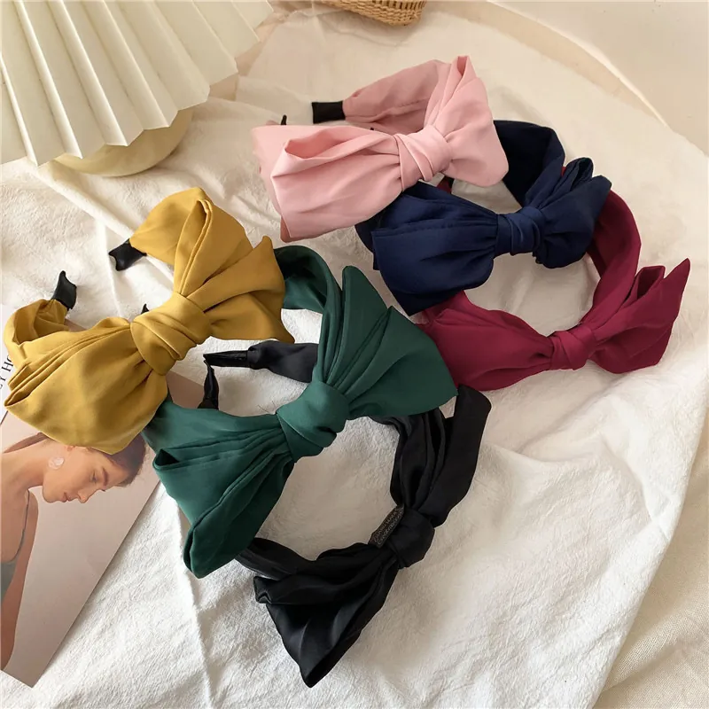 Satin Bow Wide Brim Headband Elegant Solid Color Hair Hoop Non-slip Sweet Hair Accessories For Women Daily Party Styling