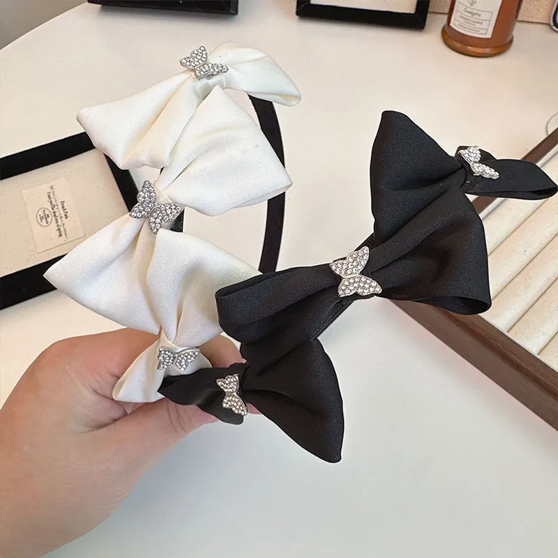 Serre-tête Élégant en Satin avec Nœud et Papillon en Strass Style Français Bandeau pour Cheveux Femme Accessoires de Coiffure