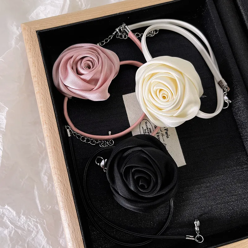 French Vintage Satin Rose Flower Choker Necklace For Women Elegant Fabric Ribbon Tie Up Neck Chain Party Jewelry Gift