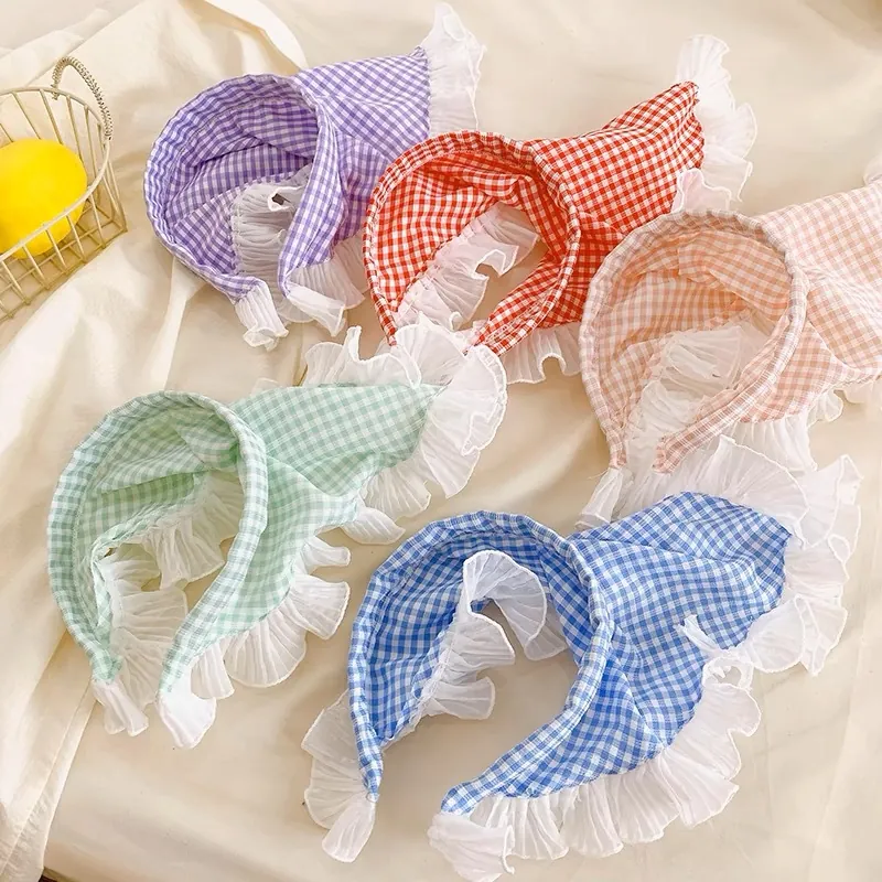 Pastoral Style Checkered Bandana Headband With Lace Ruffles Women Girls Fabric Hair Band Floral Headwrap For Photography