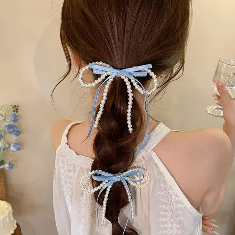 Elegant Imitation Artificial Pearl Bowknot Hair Clip Satin Ribbon Duckbill Clip Sweet Korean Style Hair Accessory For Women Girls