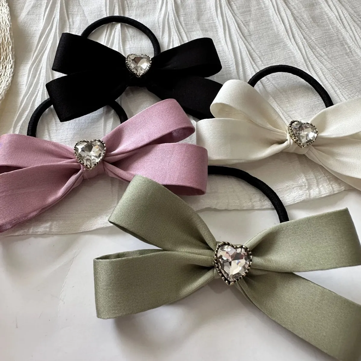 Elegant Satin Bowknot Hair Tie And Hair Clip With Heart Rhinestone Sweet Korean Style Hair Accessories For Women Girls