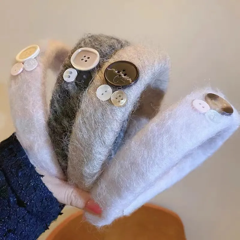 Mohair Plush Wide Hairband With Heart Resin Buttons Vintage Sweet Autumn Winter Headband For Women Girls Hair Accessories