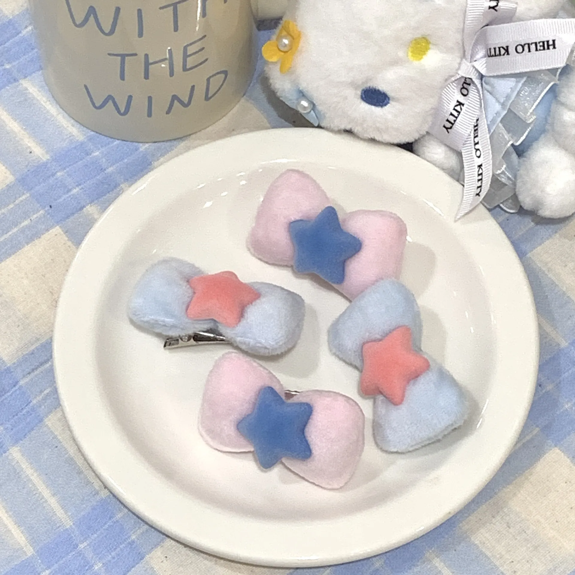 Korean Style Sweet Plush Bow Hair Clips With Star Macaroon Color Velvet Hairpins For Women Girls Kids Hair Accessories
