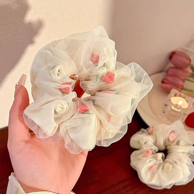 Korean Style Mesh Organza Rose Flower Scrunchies Elegant Large Elastic Hair Ties Fresh Floral Hair Accessories For Women