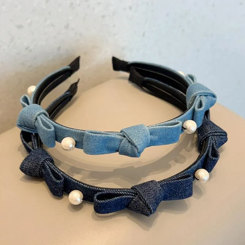 Women's Denim Fabric Bow Artificial Pearl Headband Korean Style Handmade Sweet Hair Hoop Retro Casual Headwear Fashion Hair Accessory