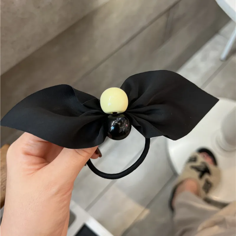 Korean Style Black Bowknot Hair Tie Minimalist High Elastic Ponytail Holder With Decorative Beads For Women Girls Daily Hair Accessories