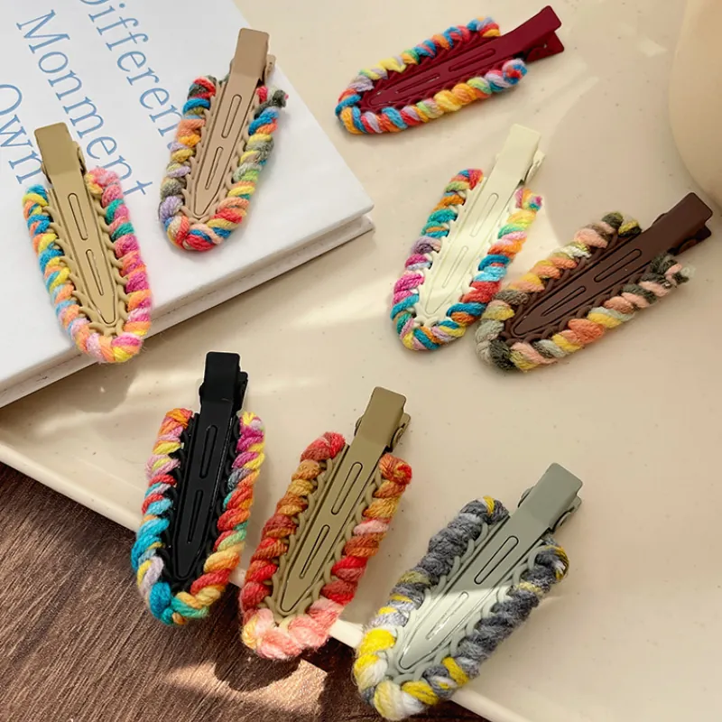 Korean Y2K Colorful Knitted Yarn Hair Clip Handmade Braided Duckbill Clip Fashion Hair Accessory For Women Girls