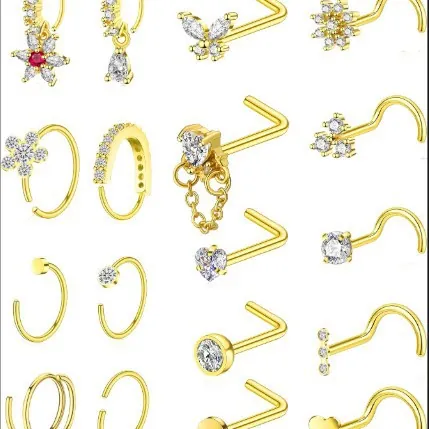 Stainless Steel Copper Zirconia Nose Rings And Studs For Women Men L-Shaped Nose Piercing Hoops Jewelry Assorted Butterfly Heart Floral Design
