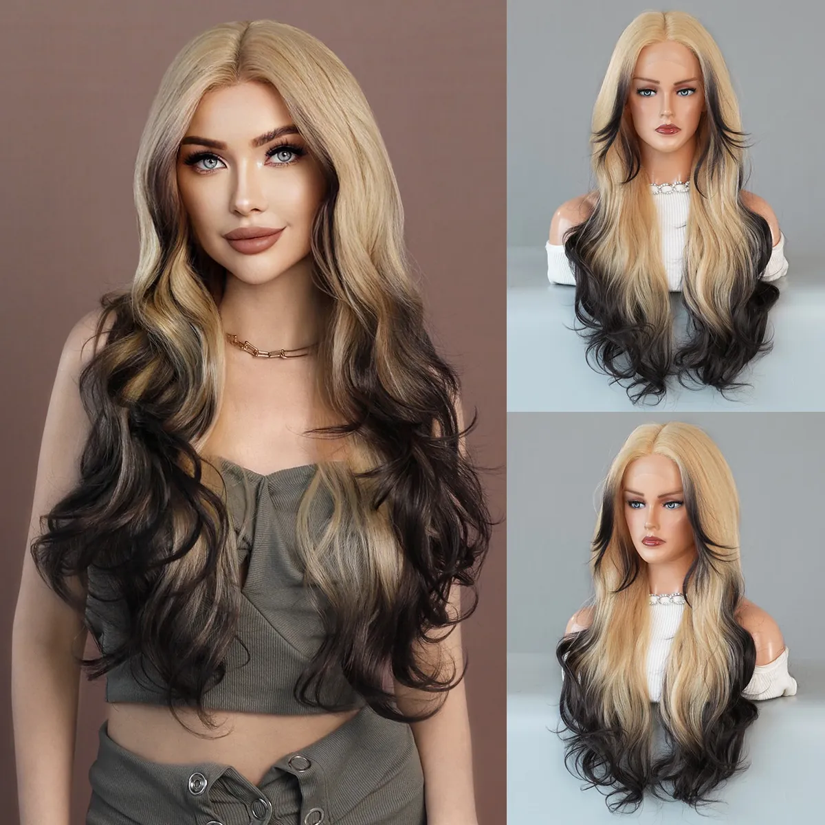 Ombre Blonde Body Wave Lace Front Synthetic Wig For Women Long Wavy Heat Resistant High Temperature Fiber Fashion Hair