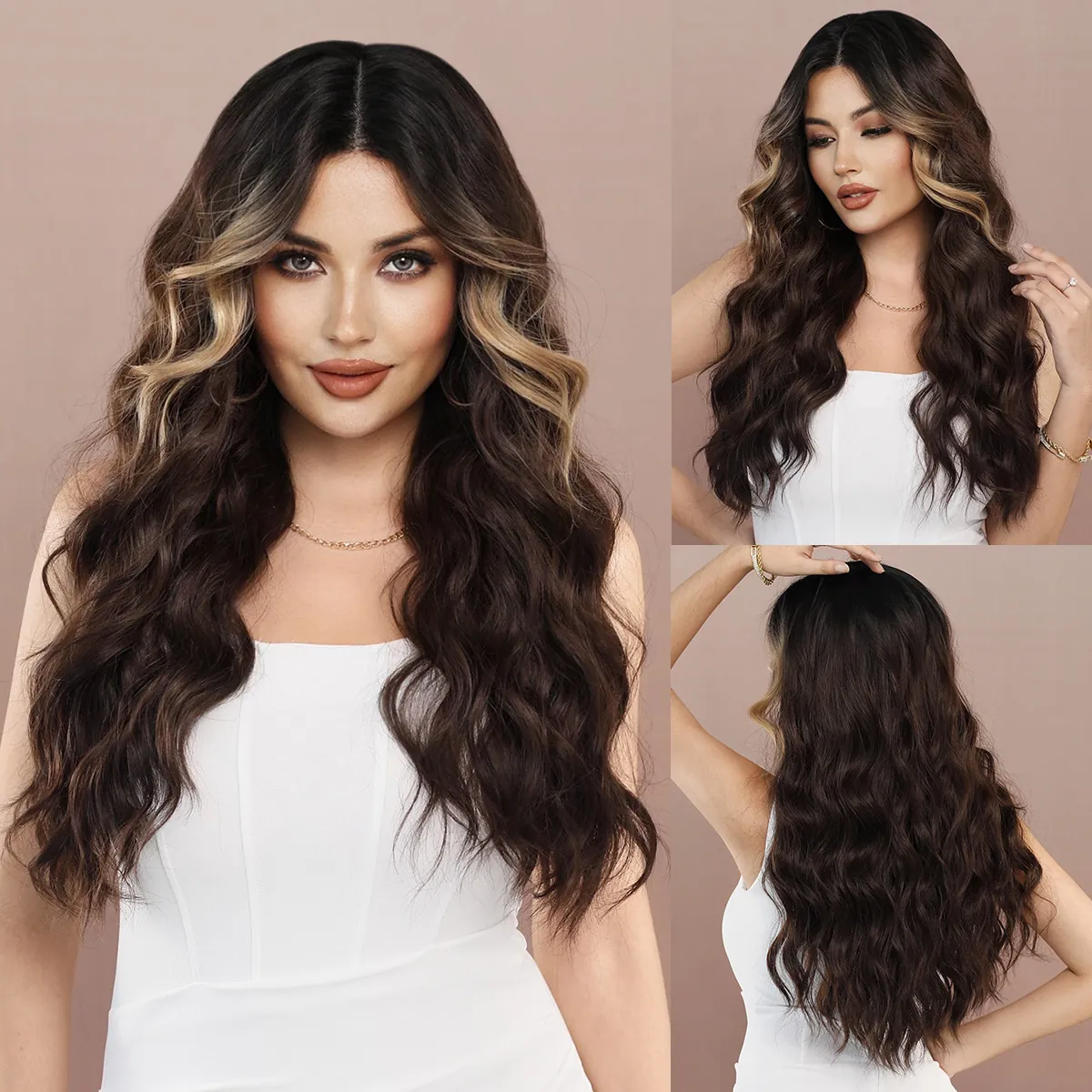 Long Wavy Synthetic Lace Front Wig For Women Dark Brown With Blonde Highlights Heat Resistant Fiber Middle Part Full Wig