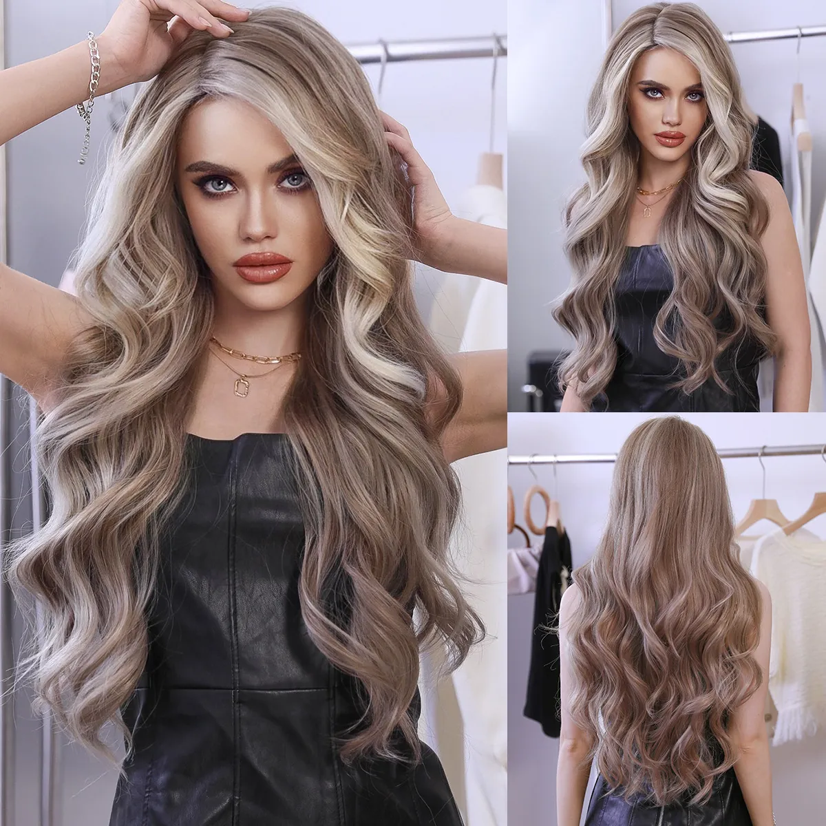 Long Wavy Synthetic Lace Front Wig Ombre Blonde Natural Hairline Heat Resistant Side Part T-Part Wig For Women Daily Party