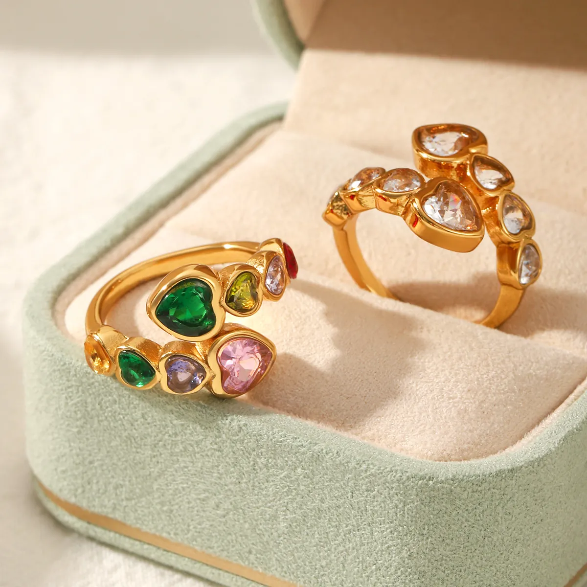 Stainless Steel Zirconia Heart Open Ring For Women Gold Plated Adjustable Retro Luxury Finger Ring Jewelry