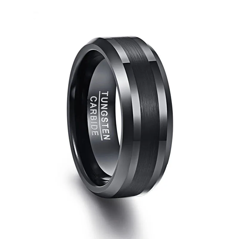 Anello da Uomo in Carburo di Tungsteno Nero Finitura Spazzolata Bordo Lucidato Fascia Comfort Fit Matrimonio Fidanzamento Gioielli Stile Industriale