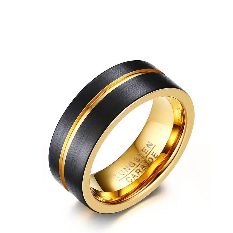 Bague Pour Homme En Carbure De Tungstène Noir Brossé Et Or Design Bicolore Bande Intérieure Polie Bijoux De Mode Masculine