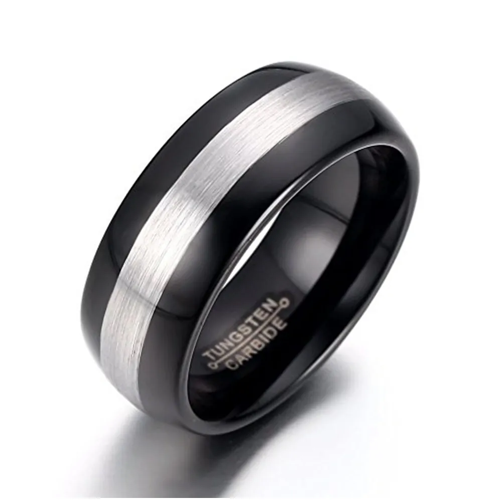 Bague en Carbure de Tungstène pour Homme Bord Poli Noir Centre Argent Brossé Anneau Comfort Fit Bijoux de Mariage