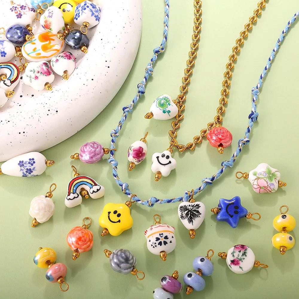 Cartoon Ceramic Star Heart Floral Pendant Only (Without Chain) With Stainless Steel Hook For DIY Jewelry Making Accessories