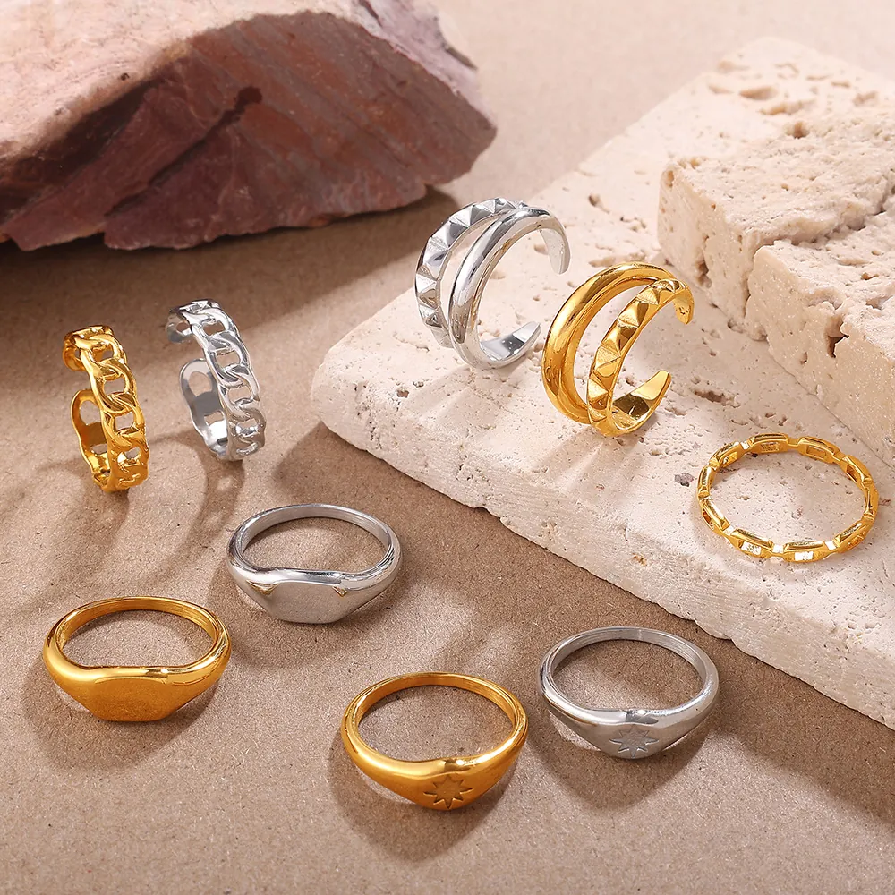 Anillo Minimalista de Acero Inoxidable para Mujer Hombre Geométrico Sello Estrella Eslabón Cubano Ajustable Punk Joyería