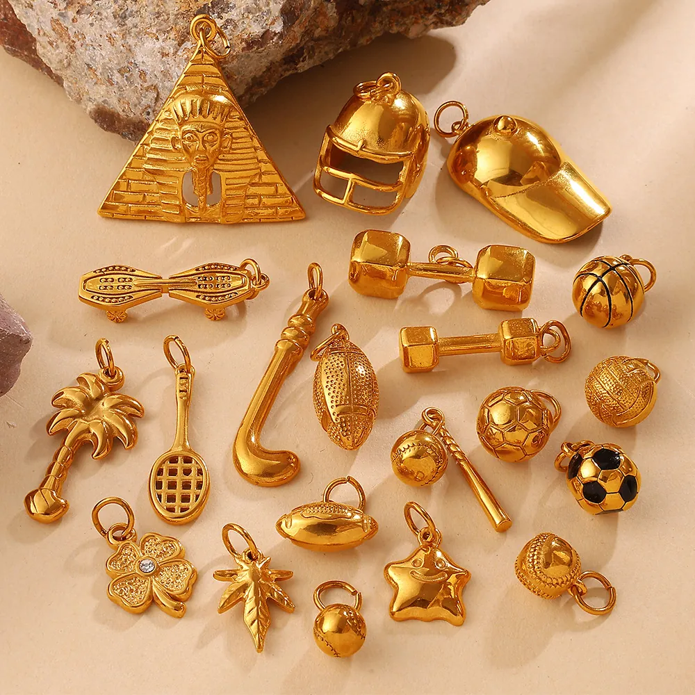 Vintage Stainless Steel Gold Pendants For DIY Jewelry Making Sports Dumbbell Football Basketball Helmet Pyramid Charms For Necklace Bracelet Making