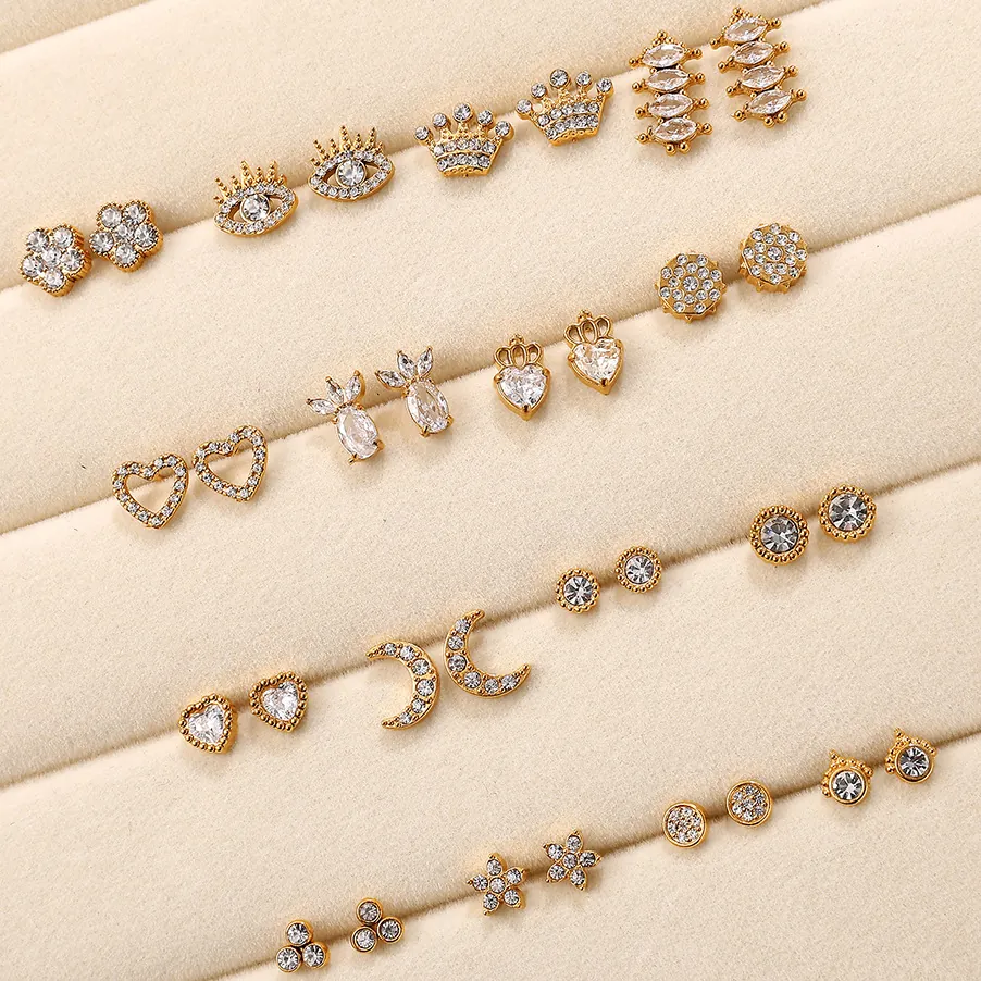 Boucles d'Oreilles Clous Minimalistes en Acier Inoxydable Plaquées Or Strass Cristal Cœur Lune Couronne Mauvais Œil Bijoux Femme
