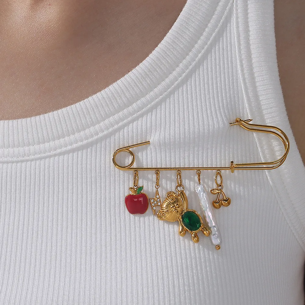 Broche de Imperdible de Acero Inoxidable Chapado en Oro Vintage con Varios Colgantes Corazón Cruz Animal Fruta Joyería de Moda para Mujer