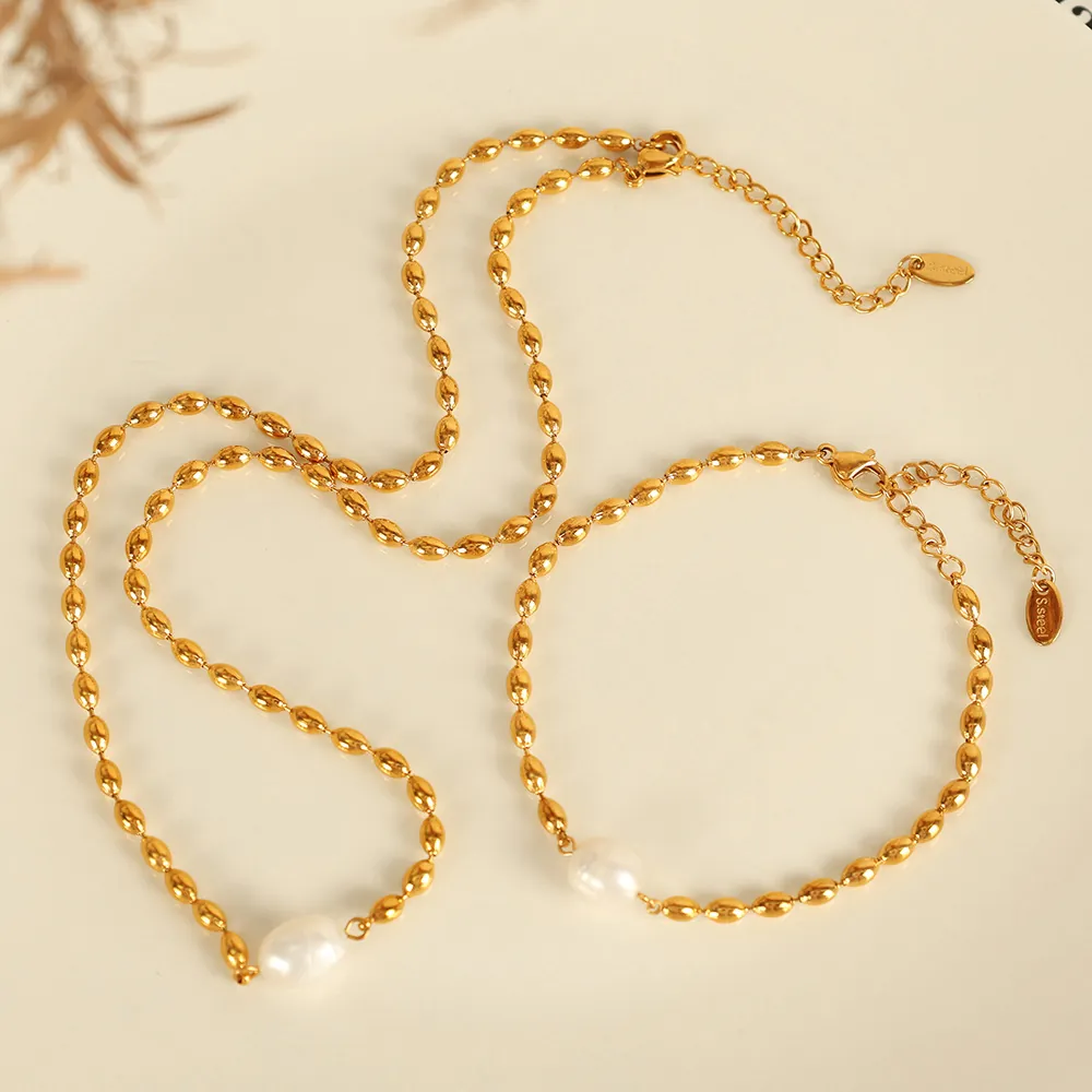 Collier Et Bracelet En Acier Inoxydable Avec Perle D'Eau Douce Mode Bijoux En Chaîne De Perles En Métal De Luxe Pour Femmes
