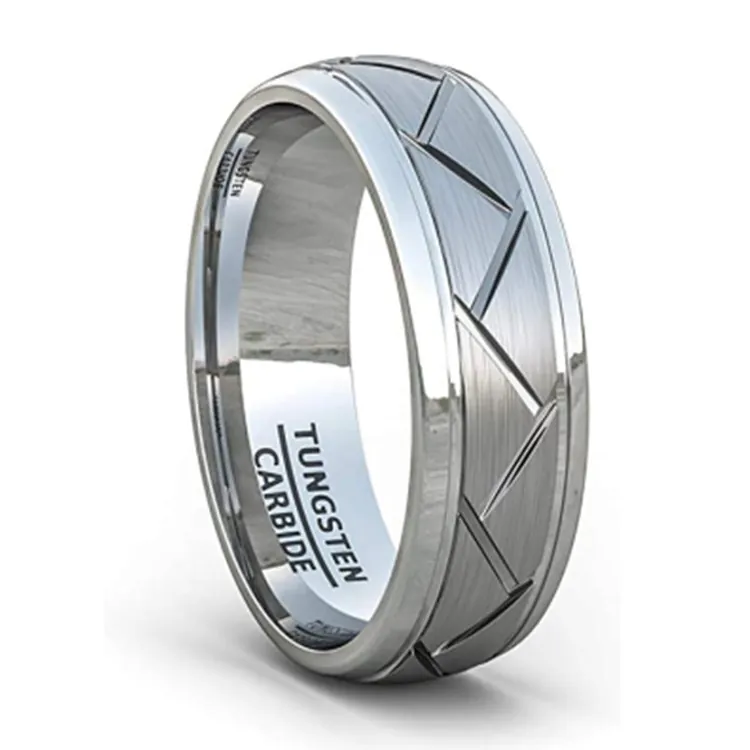 Bague en Carbure de Tungstène Brossé pour Hommes Bord Biseauté Rainure en Chevrons Anneau Comfort Fit Bijoux de Mariage