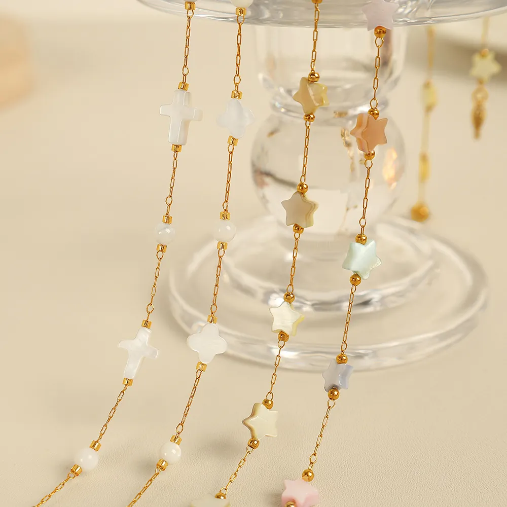Ensemble de Bijoux Minimalistes en Acier Inoxydable et Coquillage Plaqués Or Étoile Croix Trèfle Collier Pendentif Bracelet pour Femme Bijoux de Mode