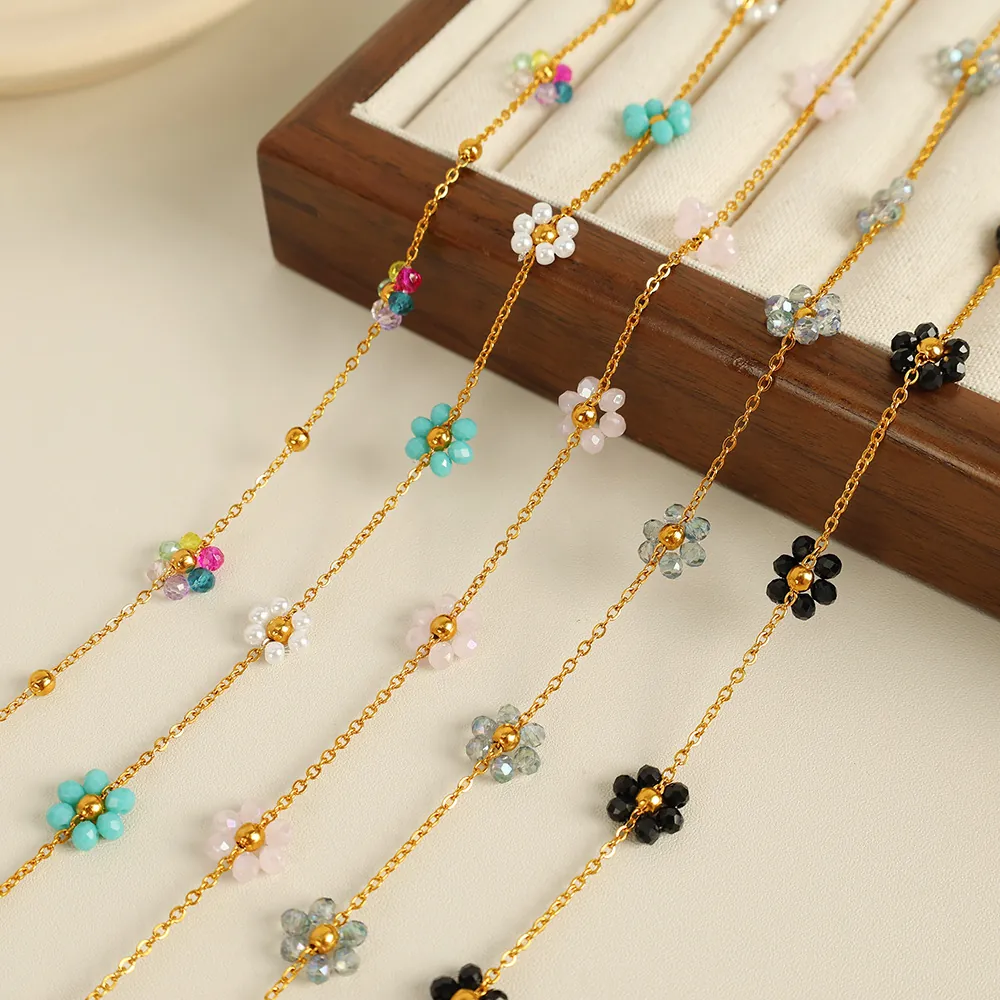 18K Gold Plated Stainless Steel Crystal Flower Necklace And Bracelet Jewelry For Women Elegant Daisy Choker Jewelry