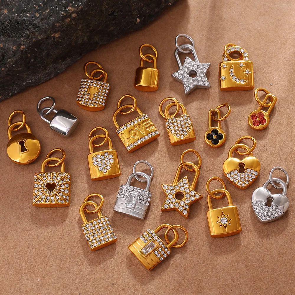 Stainless Steel Rhinestone Lock Heart Star Moon LOVE Charm Pendant DIY Jewelry Making Findings Vintage Women Jewelry