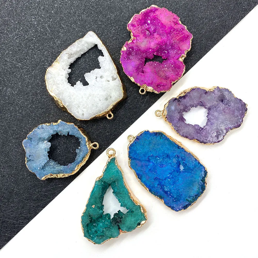 Natural Druzy Agate Geode Pendant Only (Without Chain) Irregular Crystal Stone Gold Plated Edging For DIY Jewelry Making