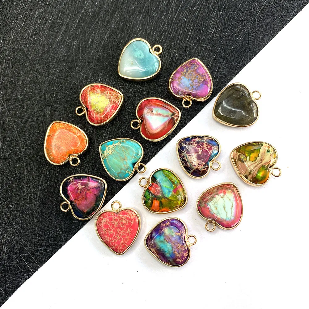 Ciondolo a Forma di Cuore in Pietra dell'Imperatore Naturale Con Bordo in Lega d'Oro Accessori Fai da Te per Collane e Orecchini
