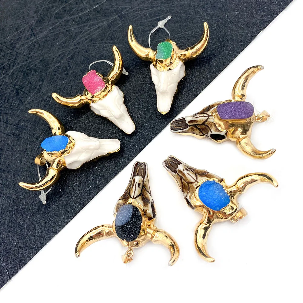 Bohemian Bull Head Skull Pendants With Gold Plated Horns Natural Druzy Stone Acrylic Pendants For DIY Jewelry Necklace Crafting