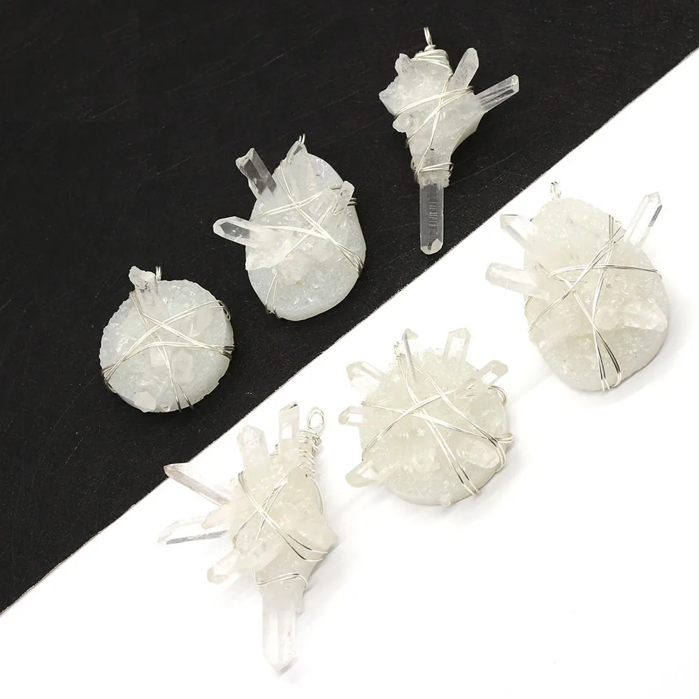 Natural White Crystal Cluster Pendant Wire Wrapped Irregular Shape Stone Charm For DIY Jewelry Necklace Making Accessory