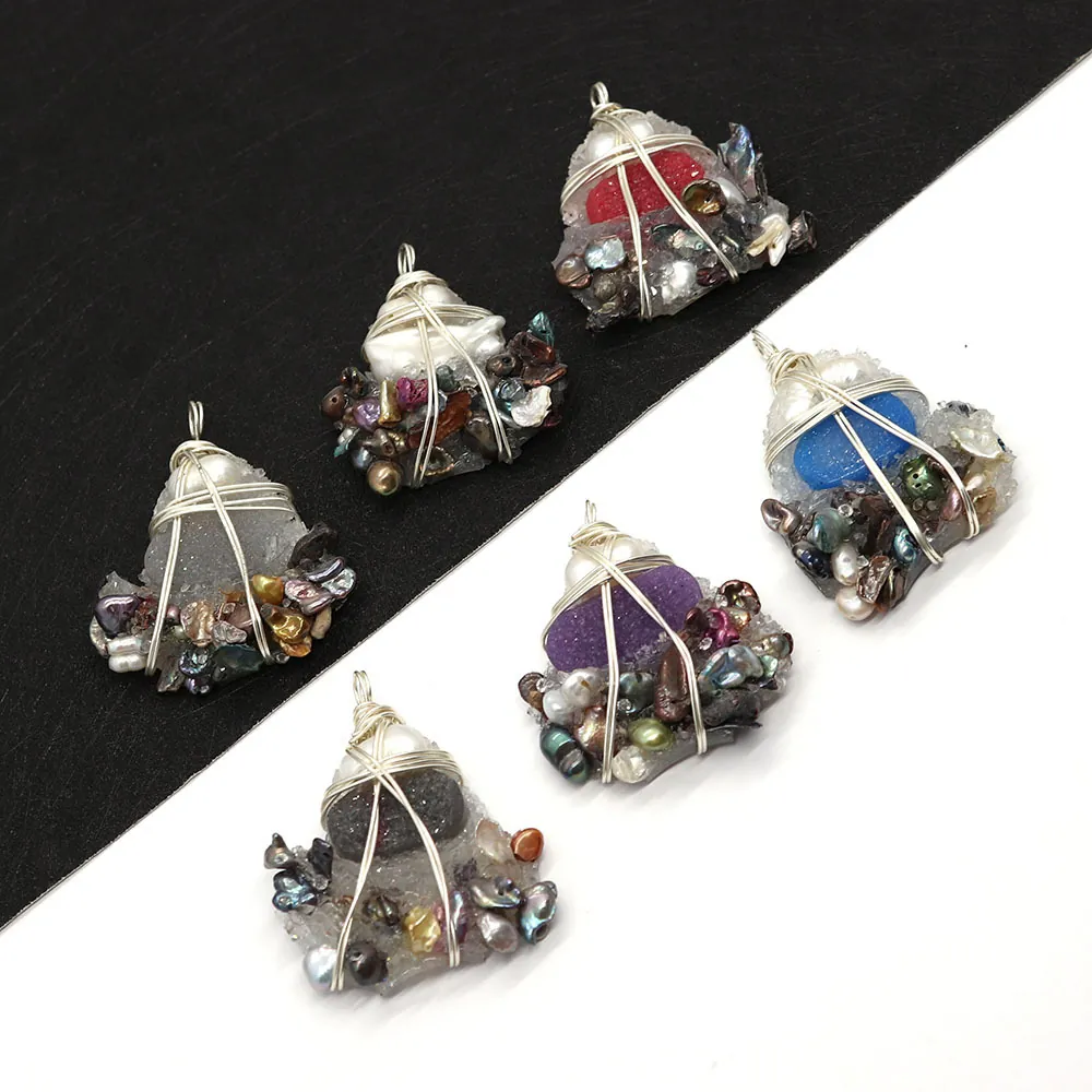 Bohemian Irregular Druzy Crystal Cluster Pendant With Freshwater Pearl Handcrafted Wire Wrapped DIY Jewelry Accessory