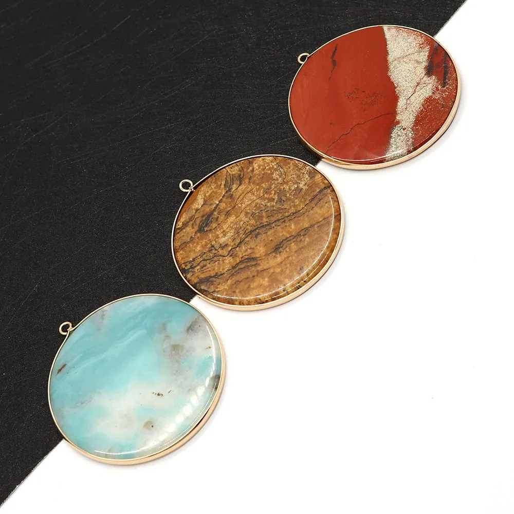 Grote Ronde Natuursteen Hanger Met Gouden Rand Platte Schijf Charms Voor DIY Ketting Armband Maken Accessoires Jaspis Agaat Kwarts Kristal
