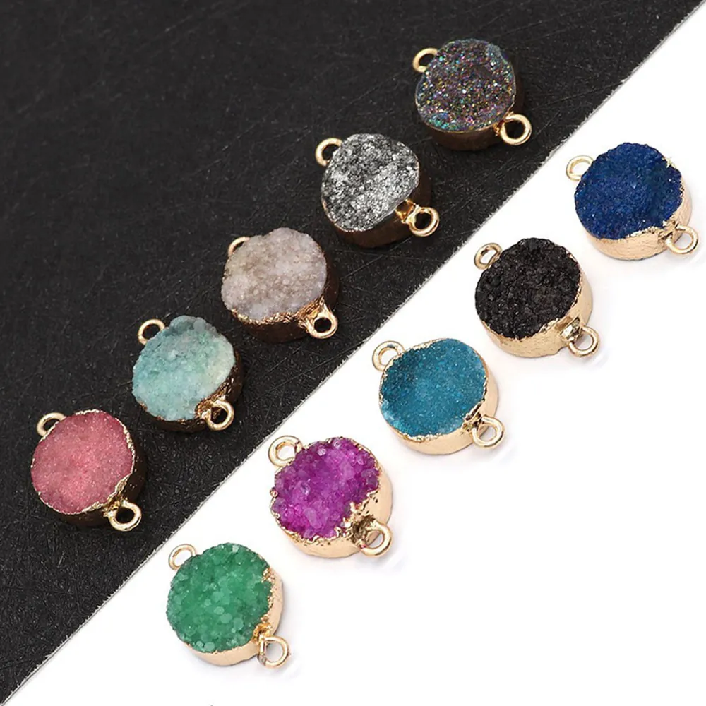 Natural Stone Druzy Crystal Pendant Connector Round Gold Plated Copper Edged Double Hole Charm For DIY Jewelry Making Accessories