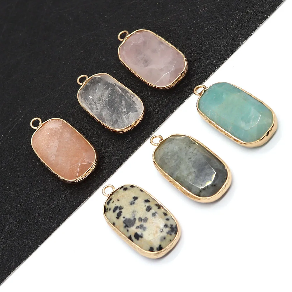 Naturstein Oval Facettiert Anhänger Ohne Kette Für DIY Schmuckherstellung Goldlegierung Rand Dalmatiner Jaspis Amazonit Labradorit Rosenquarz Bergkristall Charm