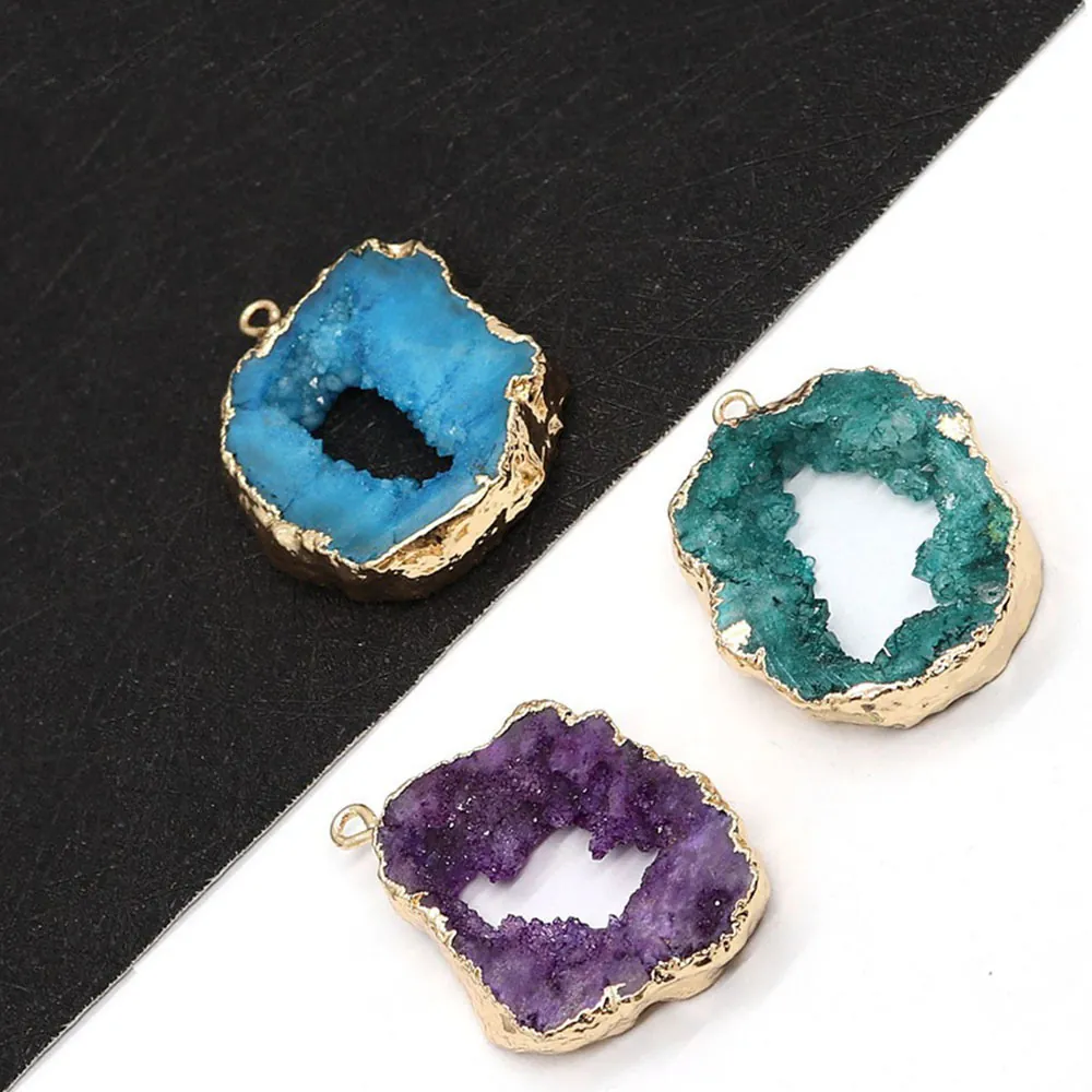 Natural Crystal Druzy Agate Pendant Irregular Shape Electroplated Copper Edge Pendants For DIY Jewelry Making Pendants Only Without Chain Blue Purple