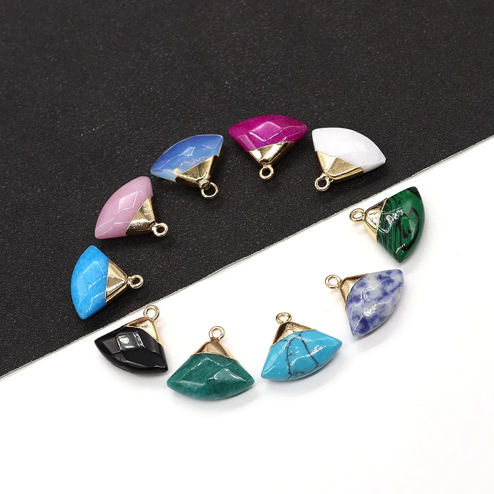 Natural Stone Fan Shape Faceted Pendant Only (Without Chain) Gold Plated Alloy Edging Pendant For DIY Jewelry Making Crafts
