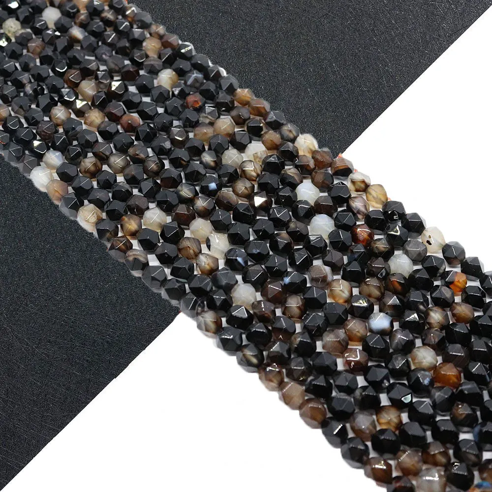 Faceted Natural Striped Black Agate Loose Beads For DIY Jewelry Making Polished Round Gemstone Stone Beads Various Sizes Supplies