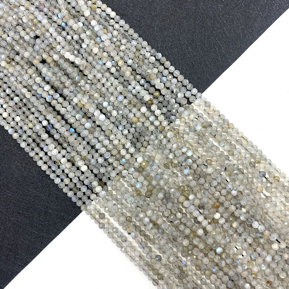 Natural Faceted Labradorite Loose Beads Round Ball Shape Straight Hole Grey Flash Stone For DIY Jewelry Making Necklace