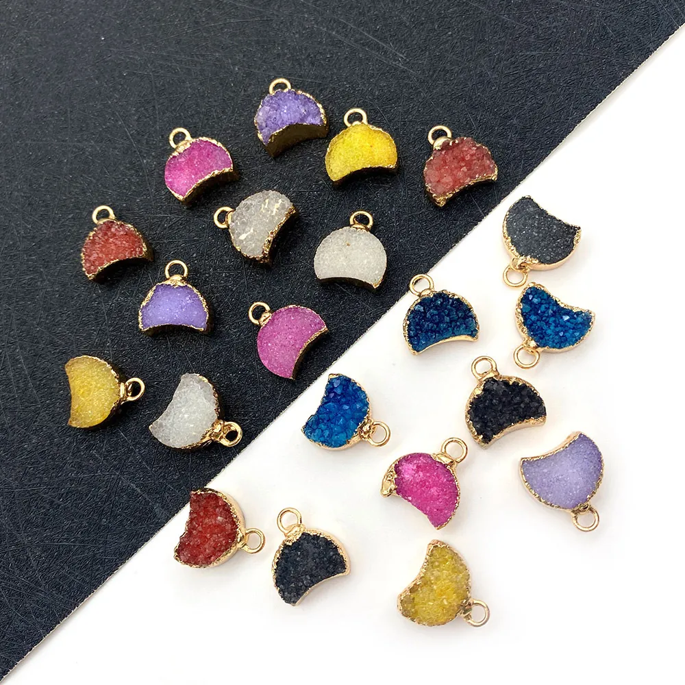 Pendentif Croissant de Lune en Pierre Naturelle Cristal Druzy Avec Bordure Plaqué Or pour Fabrication de Bijoux DIY Collier Femme Cadeau