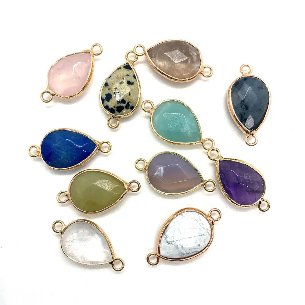 Faceted Natural Stone Teardrop Pendant Connector Gold Plated Edge Amethyst Rose Quartz Waterdrop Charm For DIY Jewelry Making Accessories Pendant Only (Without Chain)