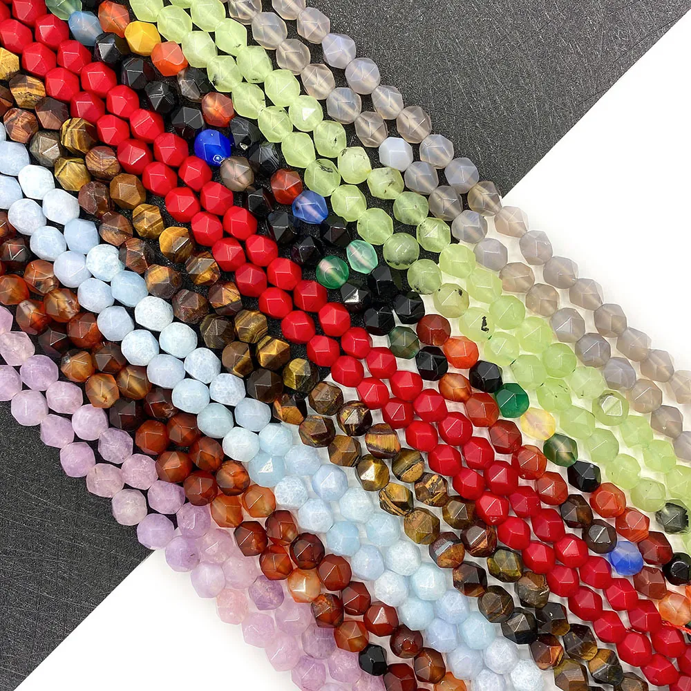 Faceted Natural Stone Beads Lapis Lazuli Rose Quartz Opal Agate Tiger Eye Loose Beads For DIY Jewelry Making Accessories