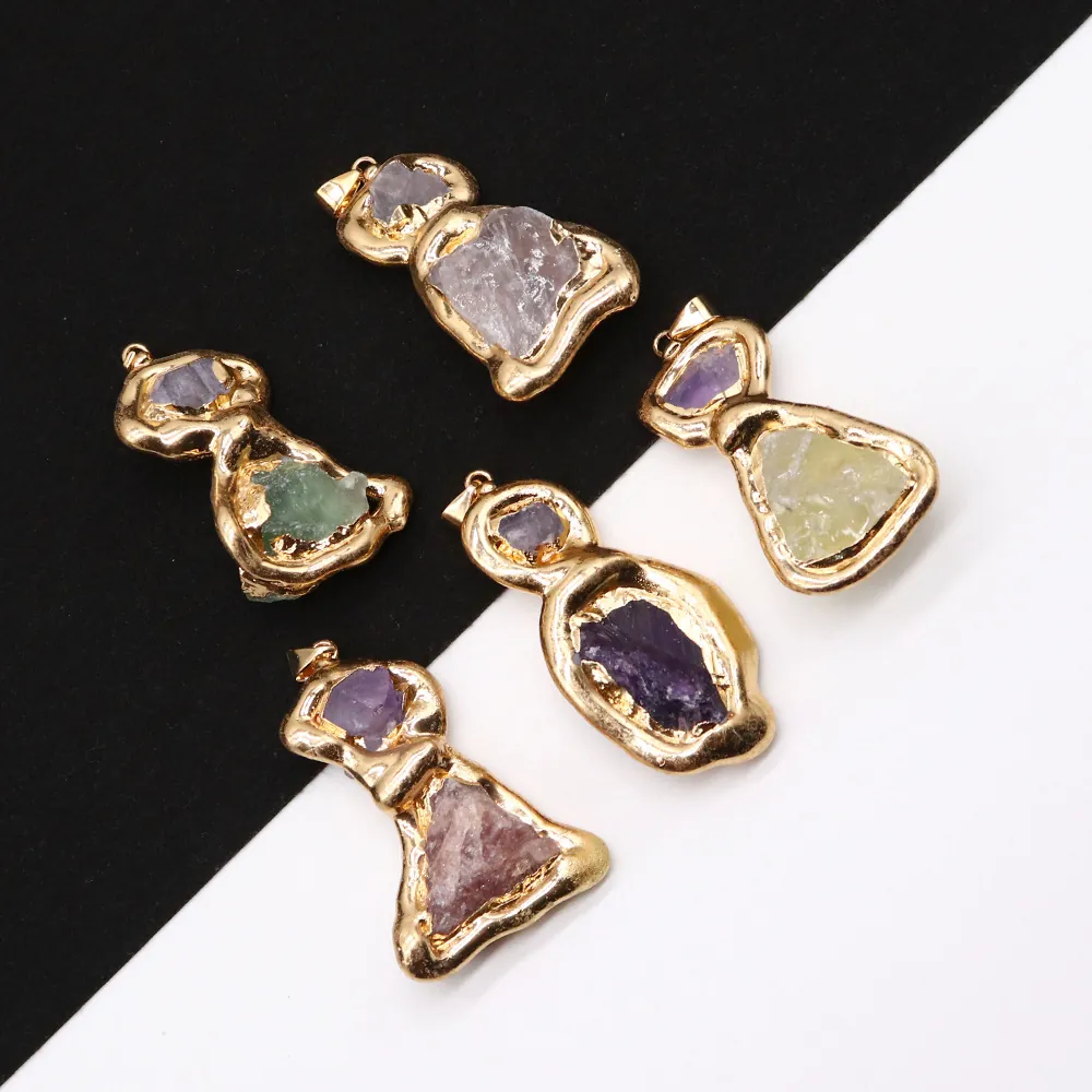 Natural Stone Crystal Irregular Figure 8 Pendant For DIY Necklace Making Amethyst Rose Quartz Gold Plated Copper Wrapped Jewelry Accessory